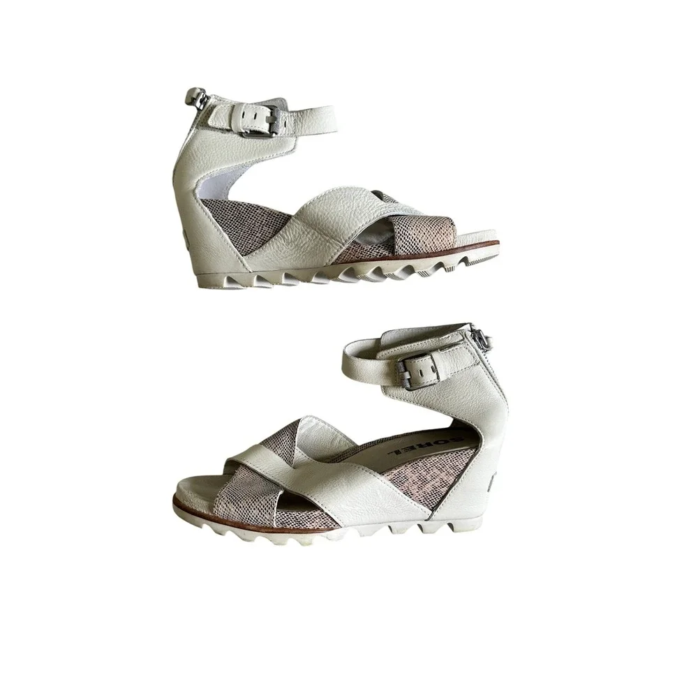 Sorel Joanie II Ankle Strap Wedge Sandal Womens 11 Leather Faux Snakeskin Comfy